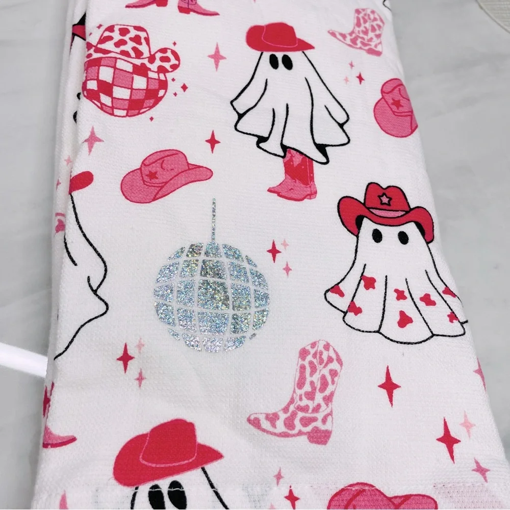 Isaac Mizrahi New York Let's Go Ghouls Pink Cowboy Ghost Kitchen Towels Set of 2